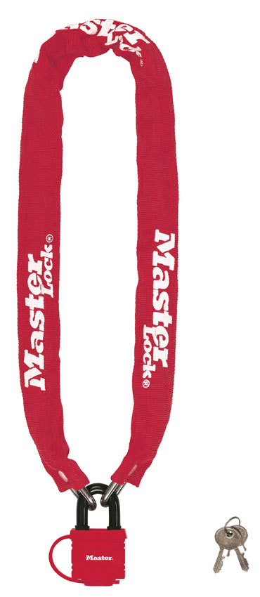 Lukituskettinki s=C3=A4=C3=A4suojatulla riippulukolla ja punaisella ny=
lonsukalla. - Lukituskettingit - 208025 - 2